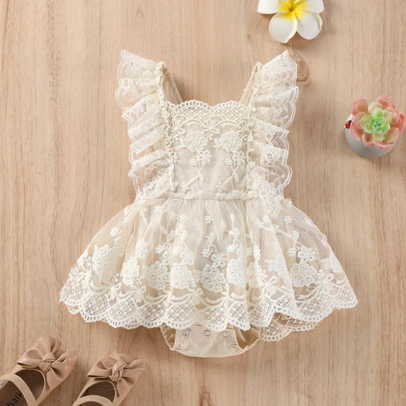 OOOUM Baby Lace Dress Romper Floral Embroidery Ruffle Mesh Princess Dress Bodysuit Light Breathable Elegant Sundress Khaki 12-18 Months
