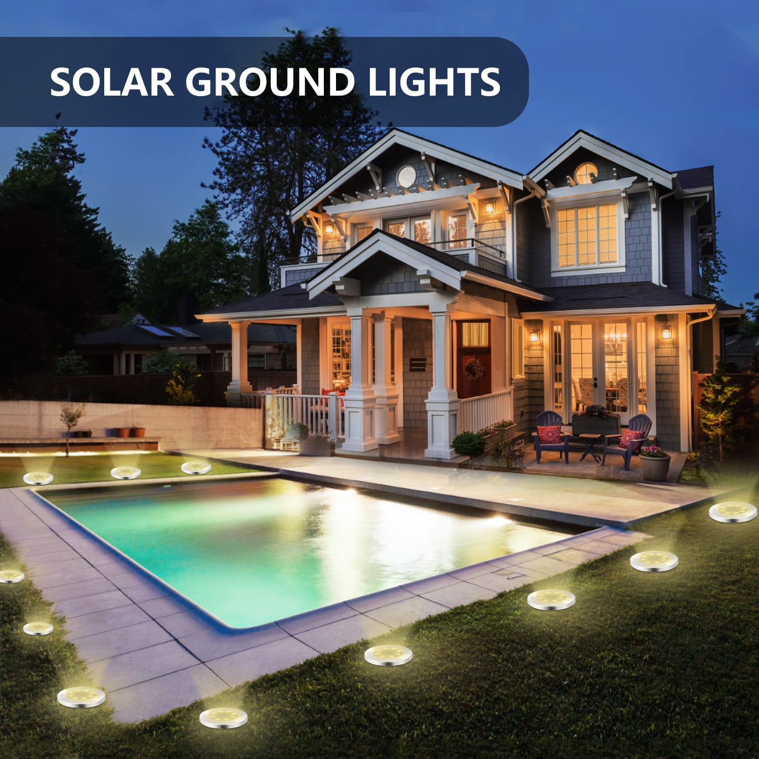 8 Pack 8 LED Solar Disk Lights, Outdoor Solar Ground Landscape Light for Garden Patio Decor, Warm White