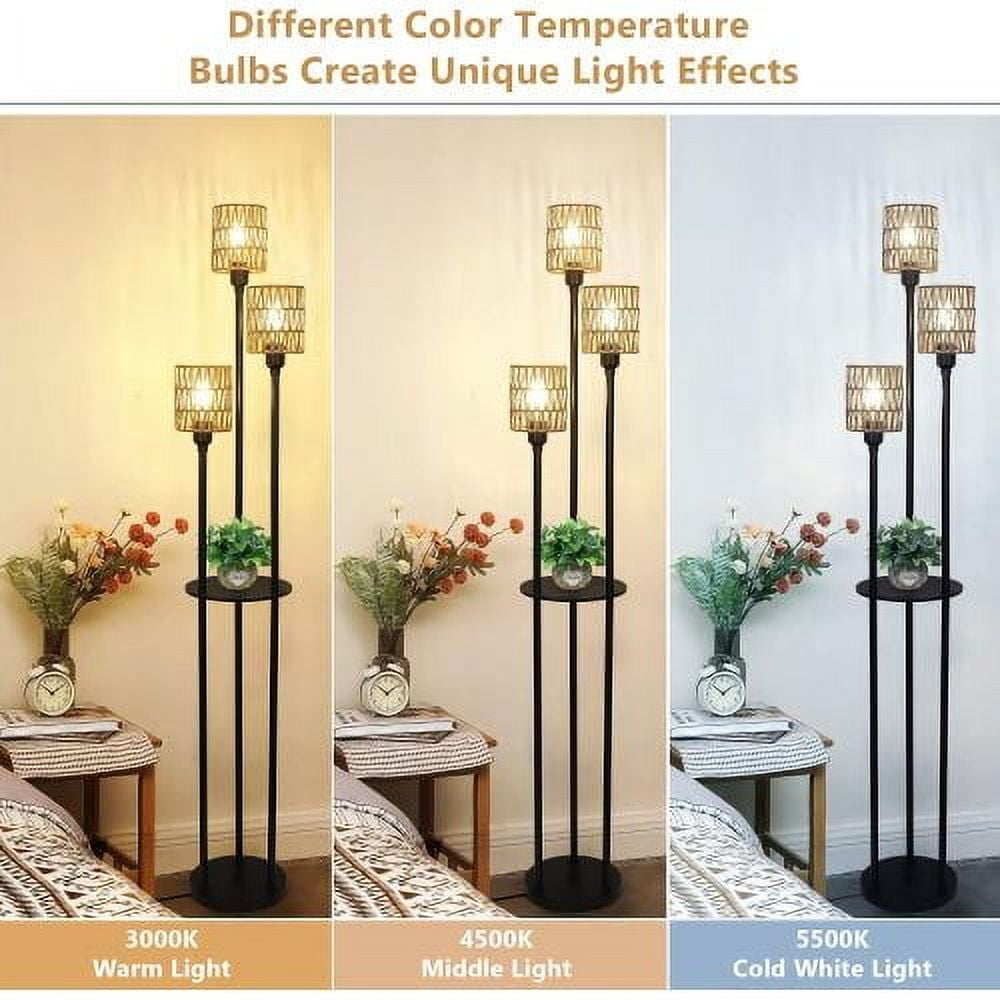 Hi-LIGHTS,3-Lights Boho Floor Lamp with Shelves & ON/OFF Foot Switch,Farmhouse Tall Floor Lamp,Rustic Standing Lamp with Rattan Shades for Living Room,Bedroom,Office(Black+Brown)