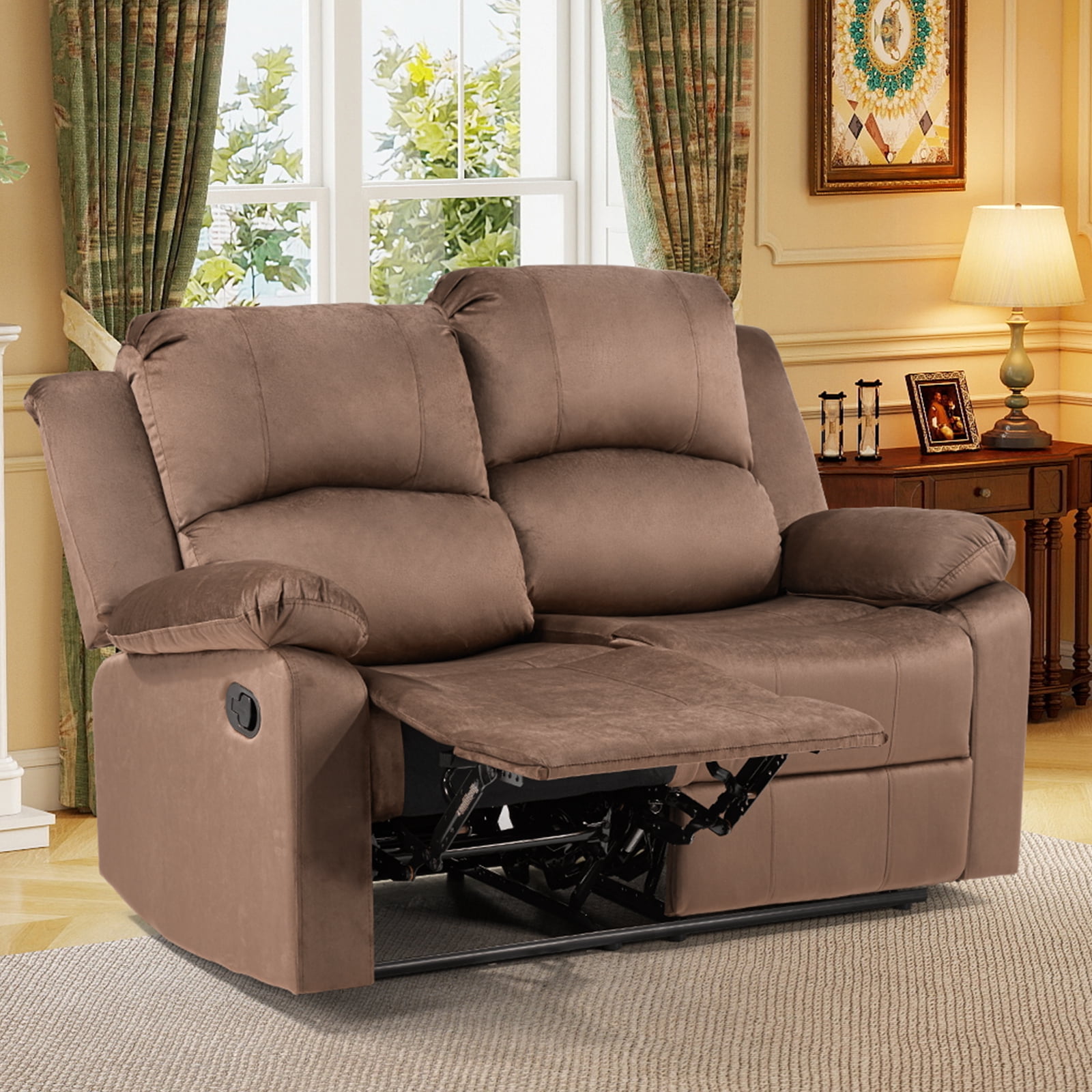 Bonzy Home Manual Loveseat Recliner Sofa — Soft 2-Seat Reclining Couch with Overstuffed Arms & Back, Brown