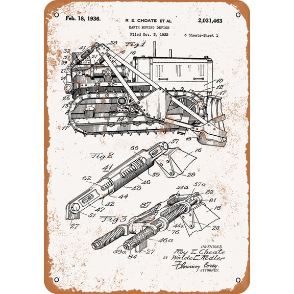 7 x 10 METAL SIGN - 1936 Bulldozer Patent - Vintage Rusty Look