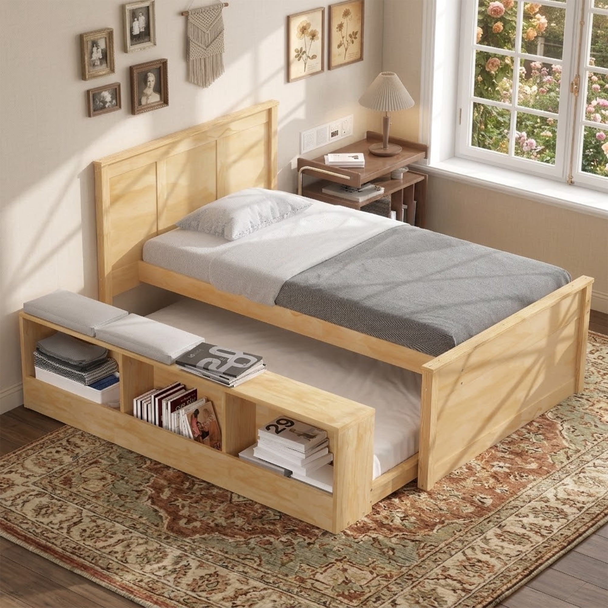 Mintazer Twin Platform Bed with Pull-Out Trundle, Modern Bookcase Bed with Storage Cabinet, No Box Spring Needed, Natural
