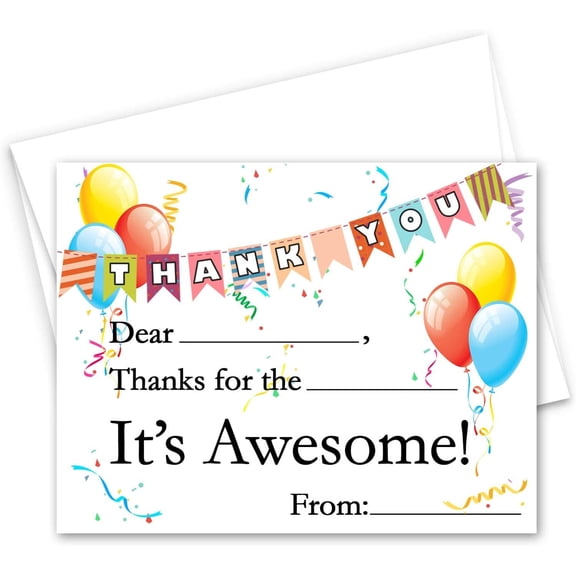 Fill In The Blank Kids Thank You Cards With Envelopes | Boys & Girls for Birthday and Holiday And All Occasions | Bulk Pack Set of 20 | Card Size 4.25" x 5.5" Inches & A2 Envelopes