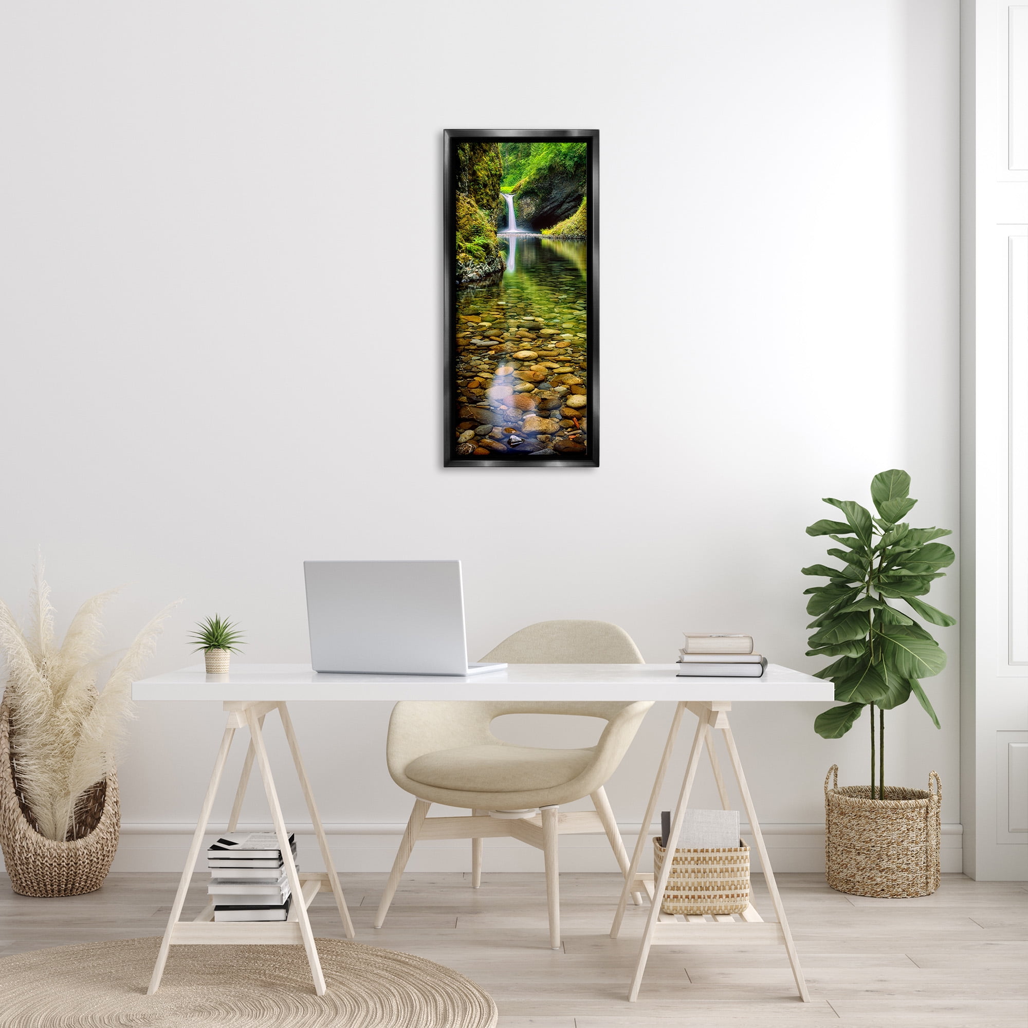 Stupell Industries Clear Stream Waterfall Photography Landscape Photography Black Floater Framed Canvas Art Print Wall Art, 15 x 31