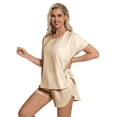 thumbnail image 3 of DAKIMOE Womens Silk Stain Pajamas Set Short Sleeve Soft Sleepwear Top With Shorts Set PJ Loungewear, Champagne, L, 3 of 7