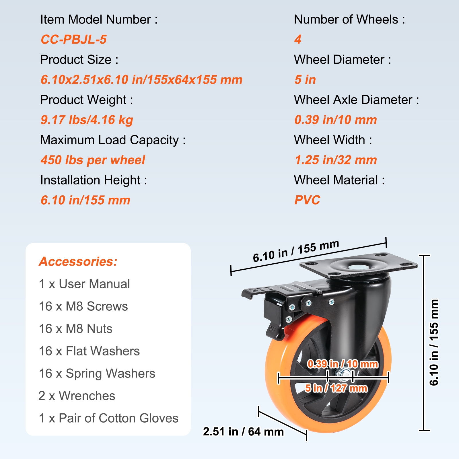 VEVOR Caster Wheels,5-inch Swivel Plate Casters, Set of 4, with Security A/B Locking No Noise PVC Wheels, Heavy Duty 450 lbs Load Capacity Per Caster, Non-Marking Wheels for Cart Furniture Workbench
