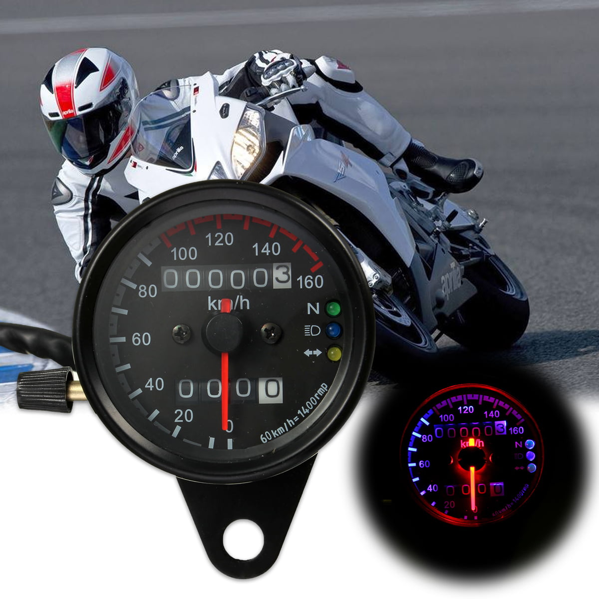 Retro Motorcycle Dual Odometer Speedometer Gauge Meter LED Backlight km/h 12V