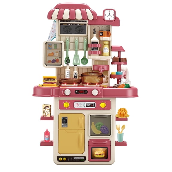JBeeCtrl Play Kitchen Set for Kids 48Pcs 28Inch Kids Toy Kitchen Playset with Real Sounds & Lights Pretend Play Food Toddler Kitchen Toy Gift for Boys and Grlis Age 3 4 5 6 7(27.5"x18.1"x8.6) Pink