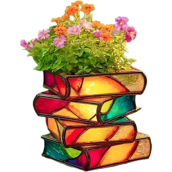 Stacked Books Shaped Flower Pot – Decorative Cute 3D Garden Vase for Book Lovers, Suitable for Balcony, Indoor, Desk, Patio, Home Greenery Decoration