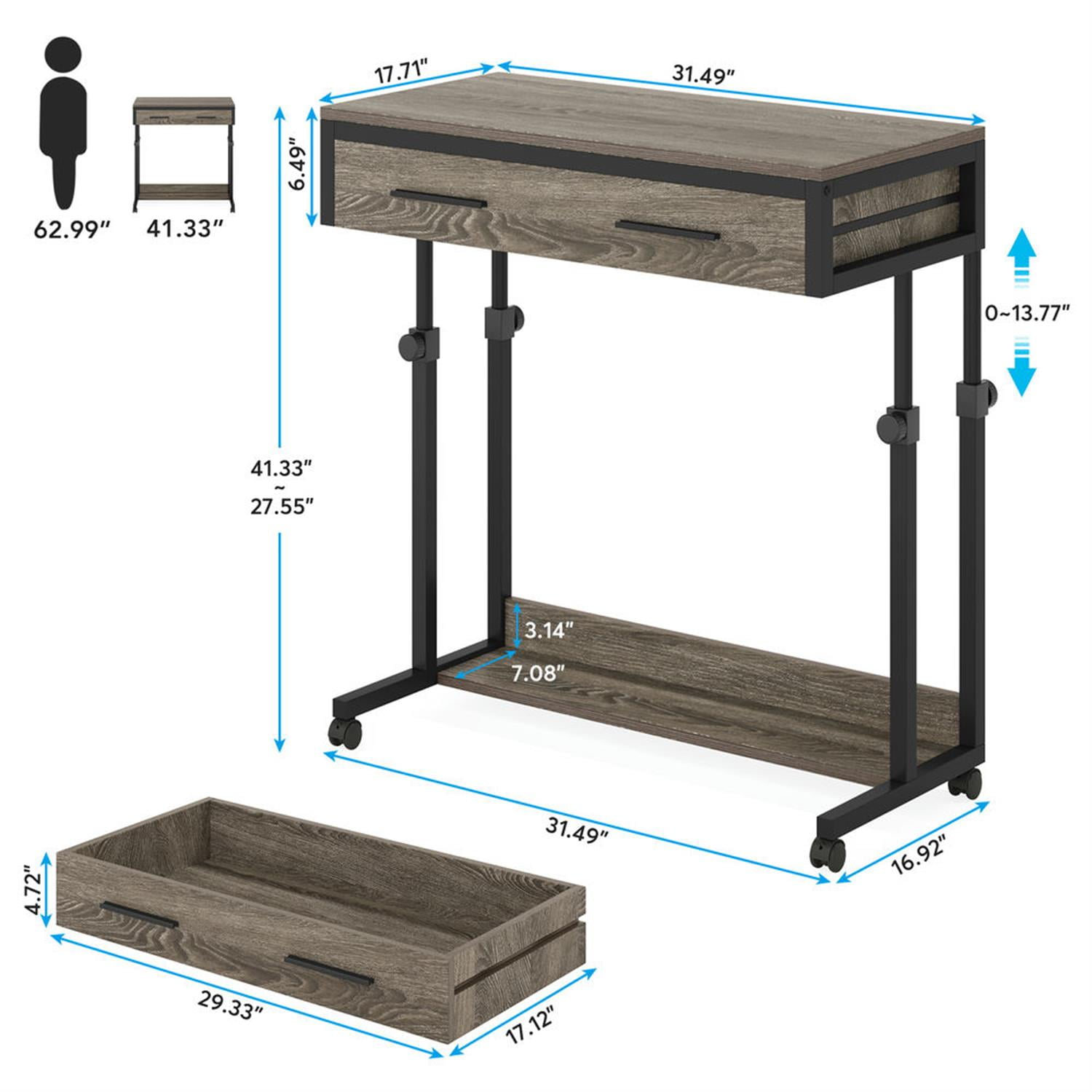 Demi Bonn 41" Height Adjustable Computer Desk with Drawers, Portable Duty Study Writing Gaming Table for Home Office, Mobile Side Table, Gray