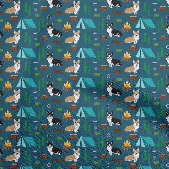 oneOone Polyester Spandex Teal Blue Fabric Floral & Puppies Fabric For Sewing Printed Craft Fabric By The Yard 56 Inch Wide