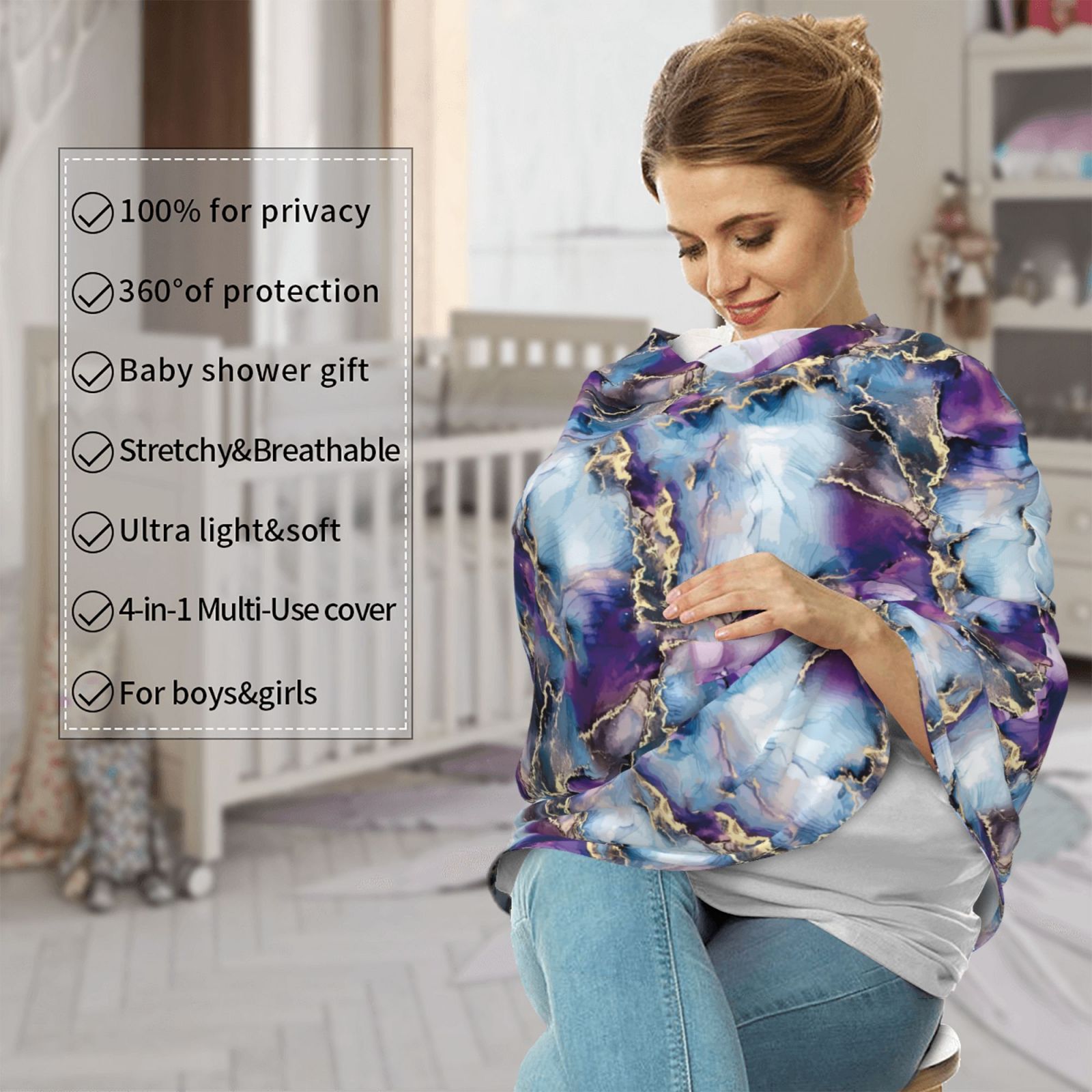 Fotbe Purple Marble Texture Pattern Car Seat Covers for Babies, Nursing Breastfeeding Cover Infant Carseat Canopy, Soft Stretchy Carrier Cover