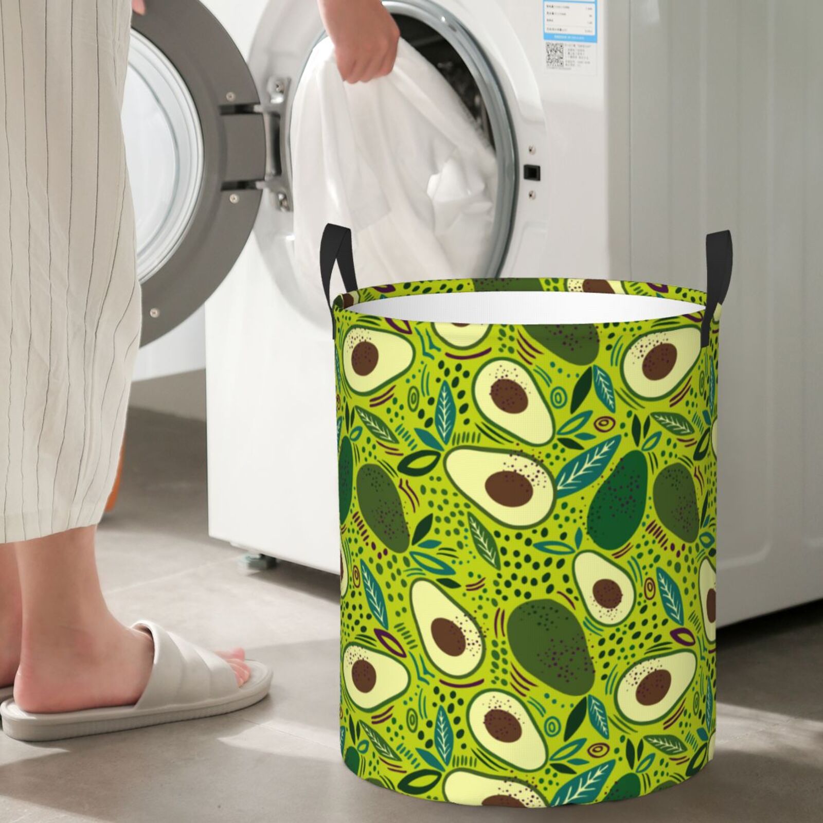 Large Laundry Basket with Handles - Cute Avocado Blue Leaves Kids Baby Dirty Clothes Laundry Hamper for Bedroom Aesthetic