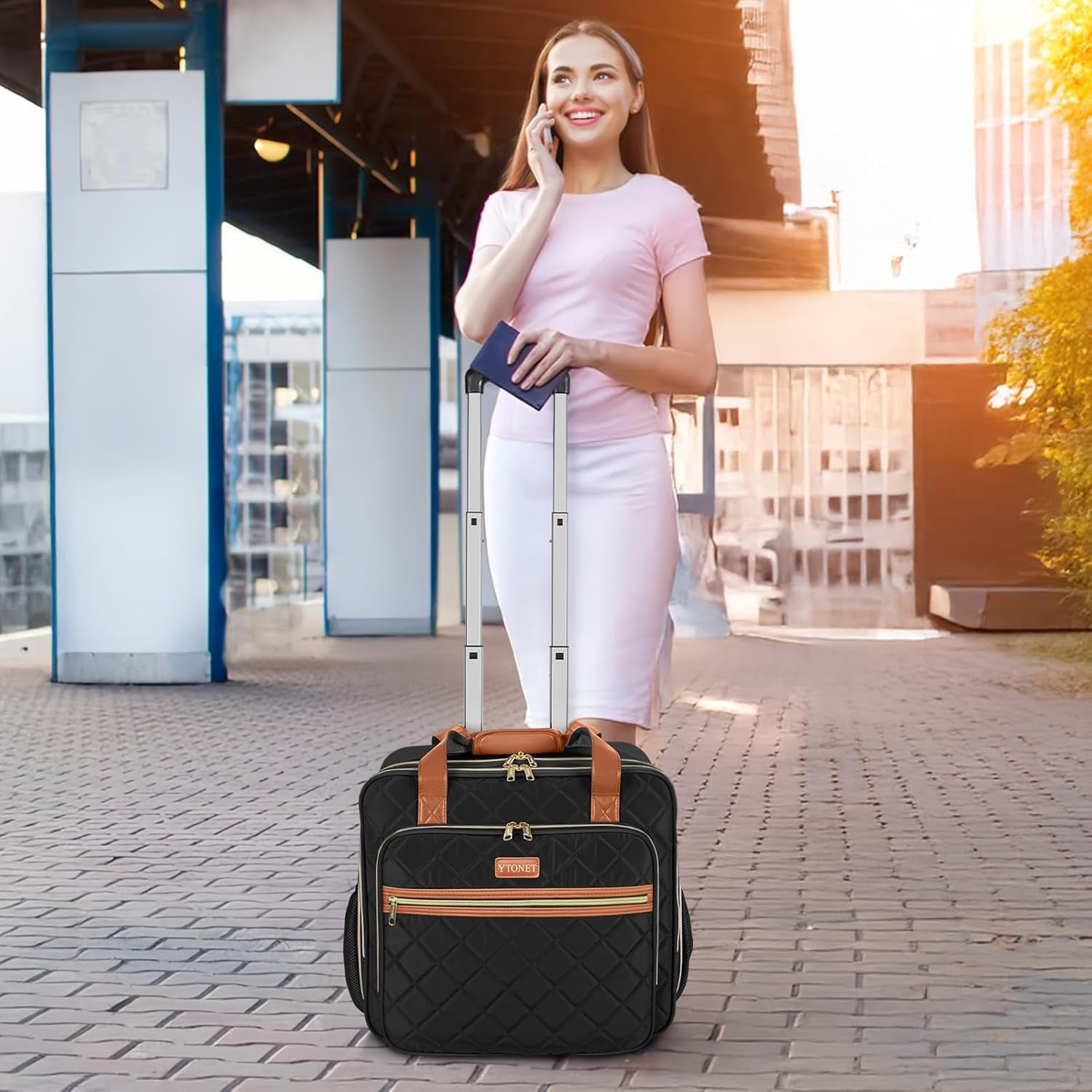 Ytonet Rolling Laptop Bag, 17.3 Inch Rolling Briefcase for Women Men, Water Resistant Computer Bag with Wheels, Black Brown