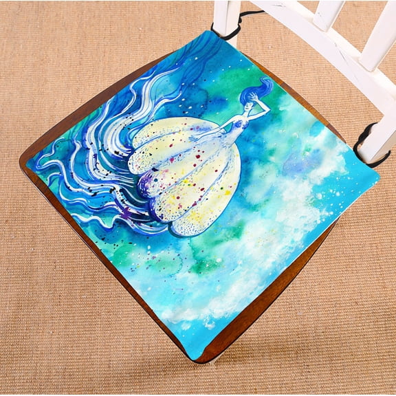 PHFZK Watercolor Chair Pad, Tropcial Beach Sea life with Jellyfish Bule Seat Cushion Chair Cushion Floor Cushion Two Sides Size 16x16 inches