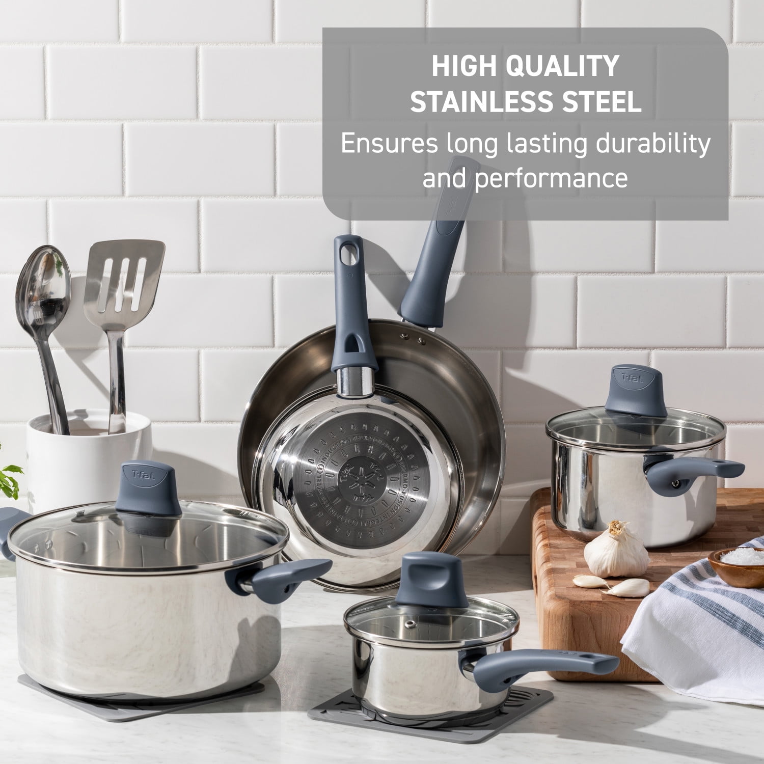 T-fal Daily Cook Stainless Steel Cookware Collection, 8 Inch and 10.5 Inch Frypan Set, Ocean Blue Handle
