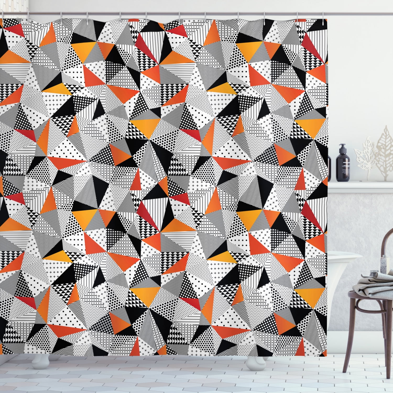 Geometric Shower Curtain, Polygonal Pattern Checkered Design Triangles