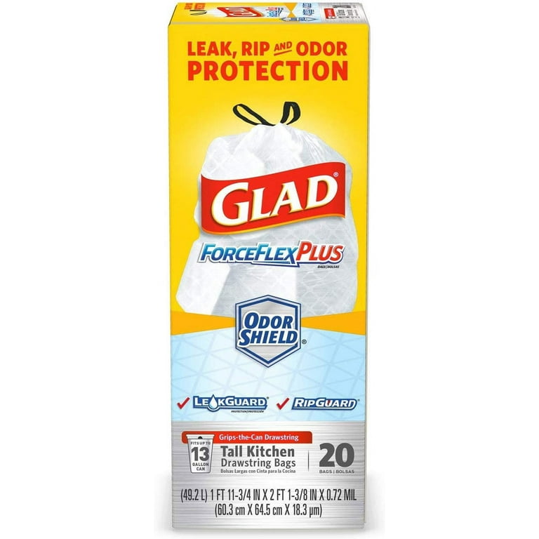 Glad Tall Kitchen Quick-Tie Trash Bags – ForceFlex 13 Gallon White Trash Bag,  Unscented - 72 Count, Plastic Bags