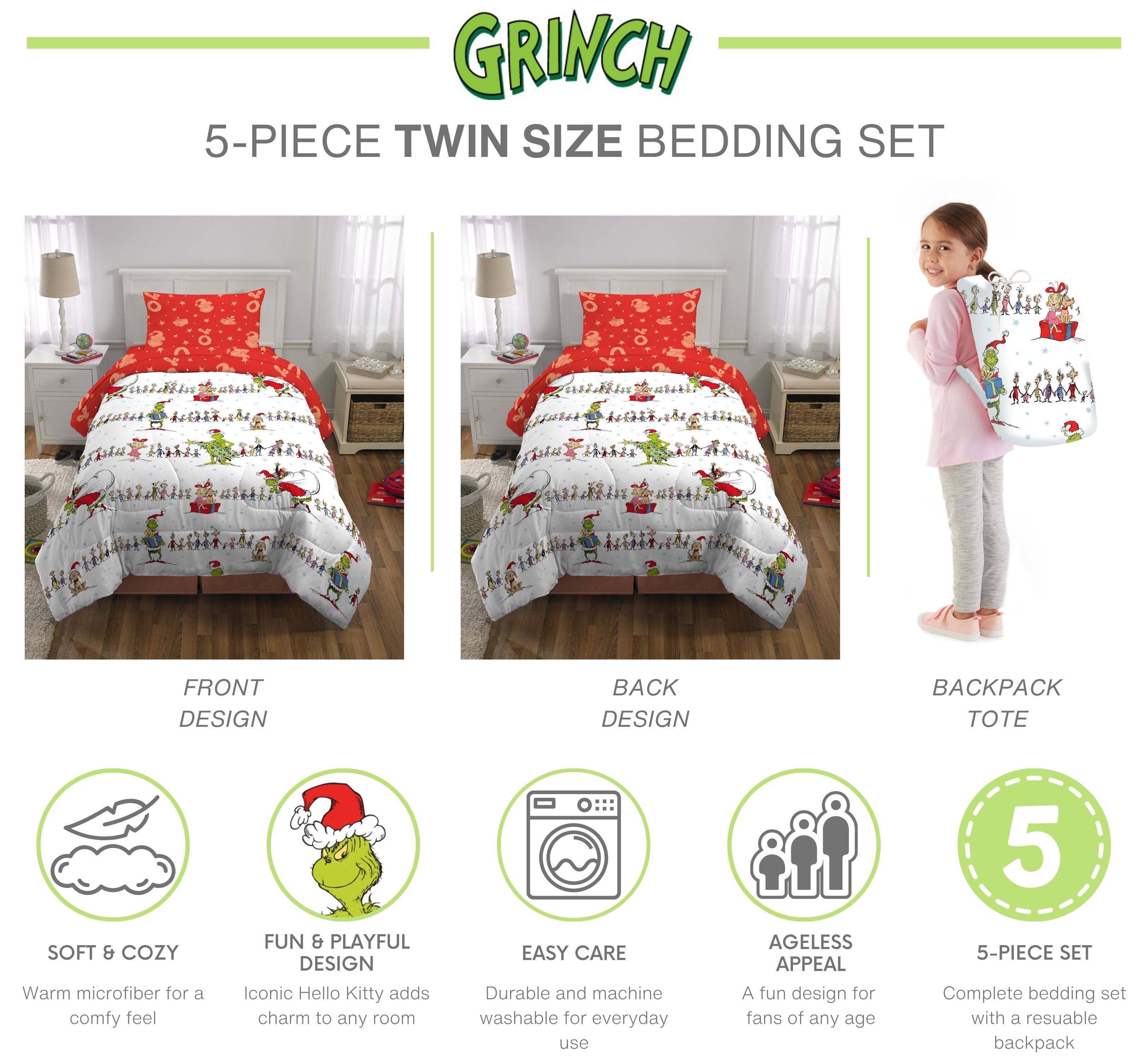 Grinch Kids 5 Piece Reversible Comforter, Bed in a Bag, Twin