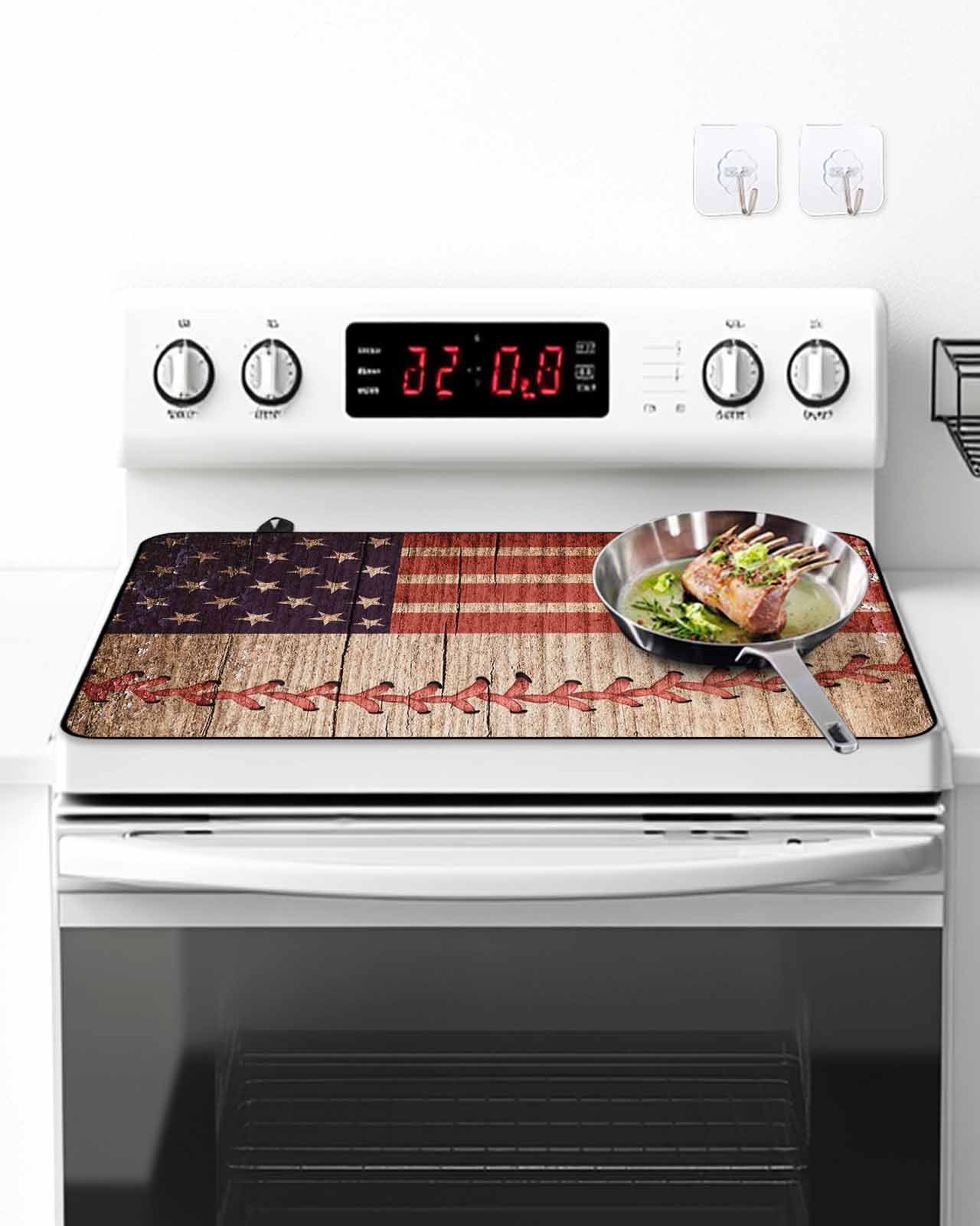Stove Top Covers for Electric Stove, American Flag Vintage Glass Stovetop Cover Protector, Farmhouse Baseball Blue Red Induction Cooktop Protector Oven Mat for Kitchen Countertop 24"x21"