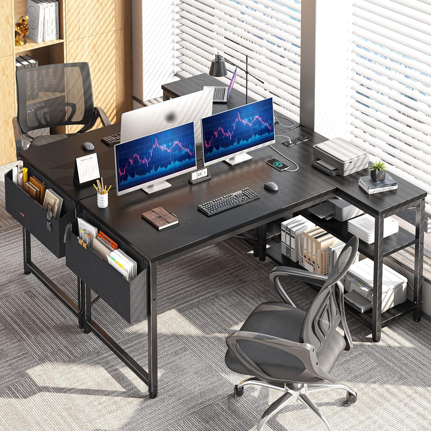 CHTER Small Computer Desk with Storage Shelves & Side Bag, 40 Inch L Shaped Gaming Desk with Power Outlets, Corner Desk Study Writing Table for Home Office Bedroom Living Room, Black