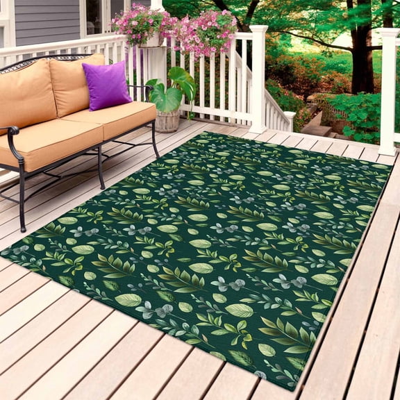 Dark Green Leaves Outdoor Rug for Patio/Deck/Porch, Non-Slip Large Area Rug 4 x 6 Ft, Pastoral Watercolor Botanical Plant Indoor Outdoor Rugs Washable Area Rugs, Reversible Camping Rug Carpet Runner