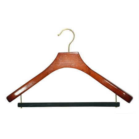 Deluxe Wooden Coat Hanger w/ Velvet Bar, Walnut Finish w/ Brass Swivel Hook, Box of 24 Large Wood Jacket & Suit Top Hangers 18 inches long by 2 inches wide by International