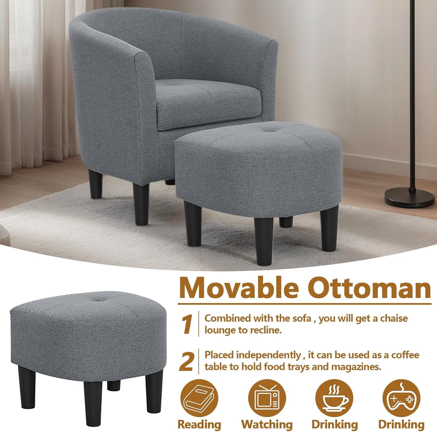 AENKYO Mid-Century Modern Accent Chair with Ottoman - Barrel Armchair & Footrest Set, Comfy Ergonomic Design for Living Room, Bedroom, Home Office - Grey