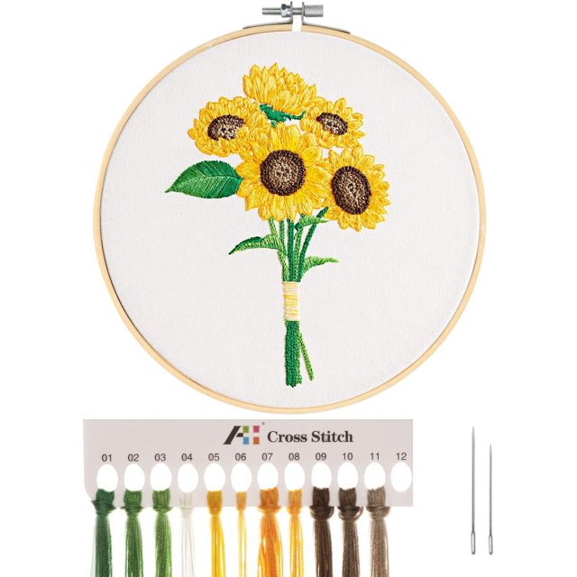 Kit de iniciación de bordado de punto de cruz 3D, kit de iniciación de bordado de estilo europeo con patrón de ramo de girasol para adultos principiantes