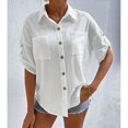 thumbnail image 4 of Blusa blanca de media manga para mujer con bolsillos, corte holgado y estilo moderno, estilo chic de verano, 4 of 7