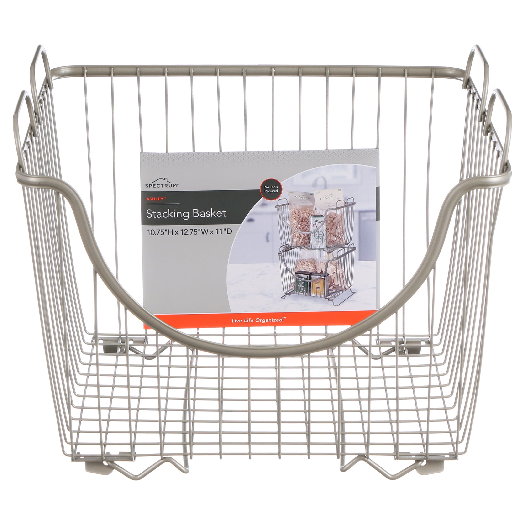 Spectrum Diversified Ashley Steel Stackable Wire Basket with Raised Feet and Looped Handles, Modular Stacking Bin System for Kitchen Countertop and Desk Organization, Large, Satin Nickel