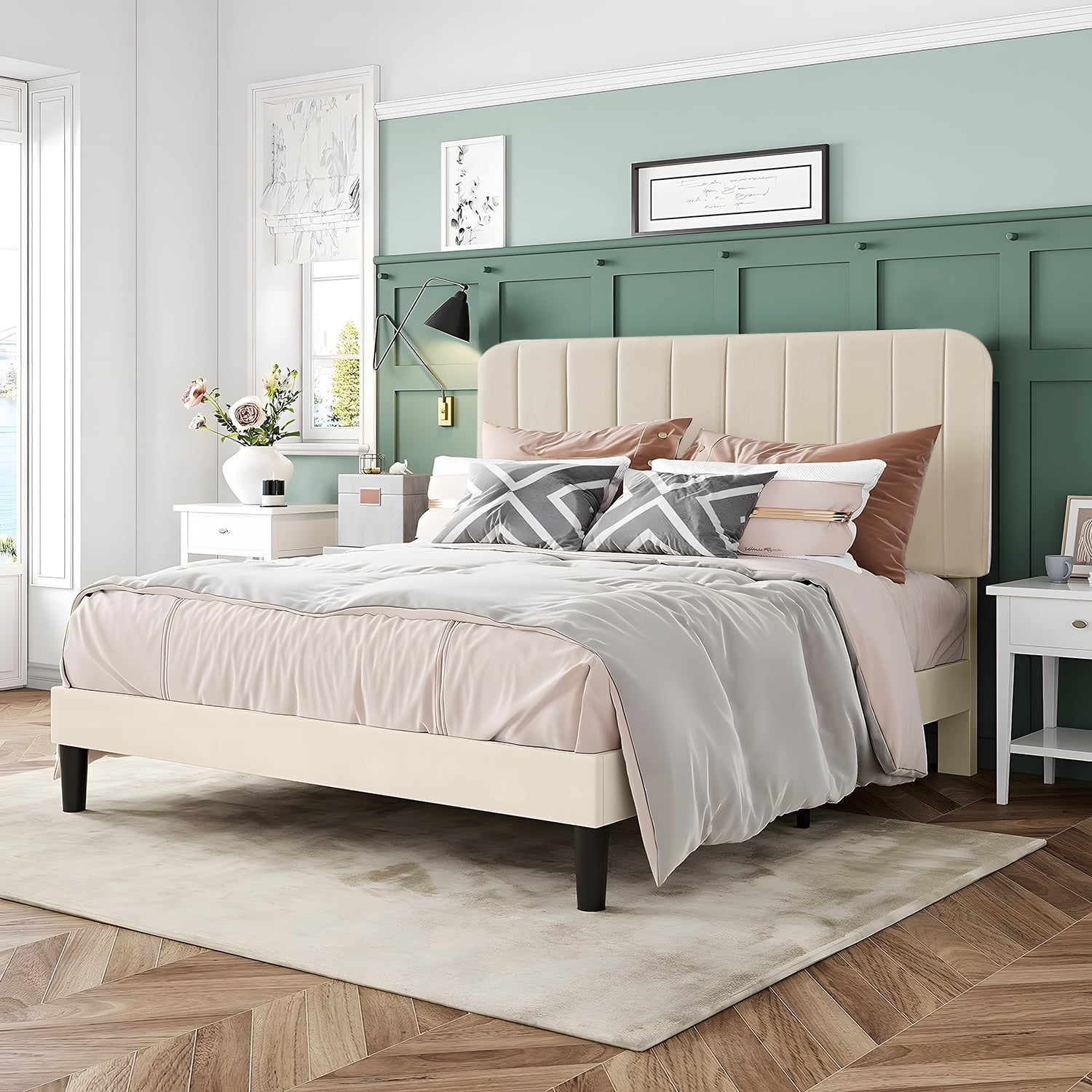 Taomika, Queen Size Upholstered Platform Bed Frame with Adjustable Headboard-Beige