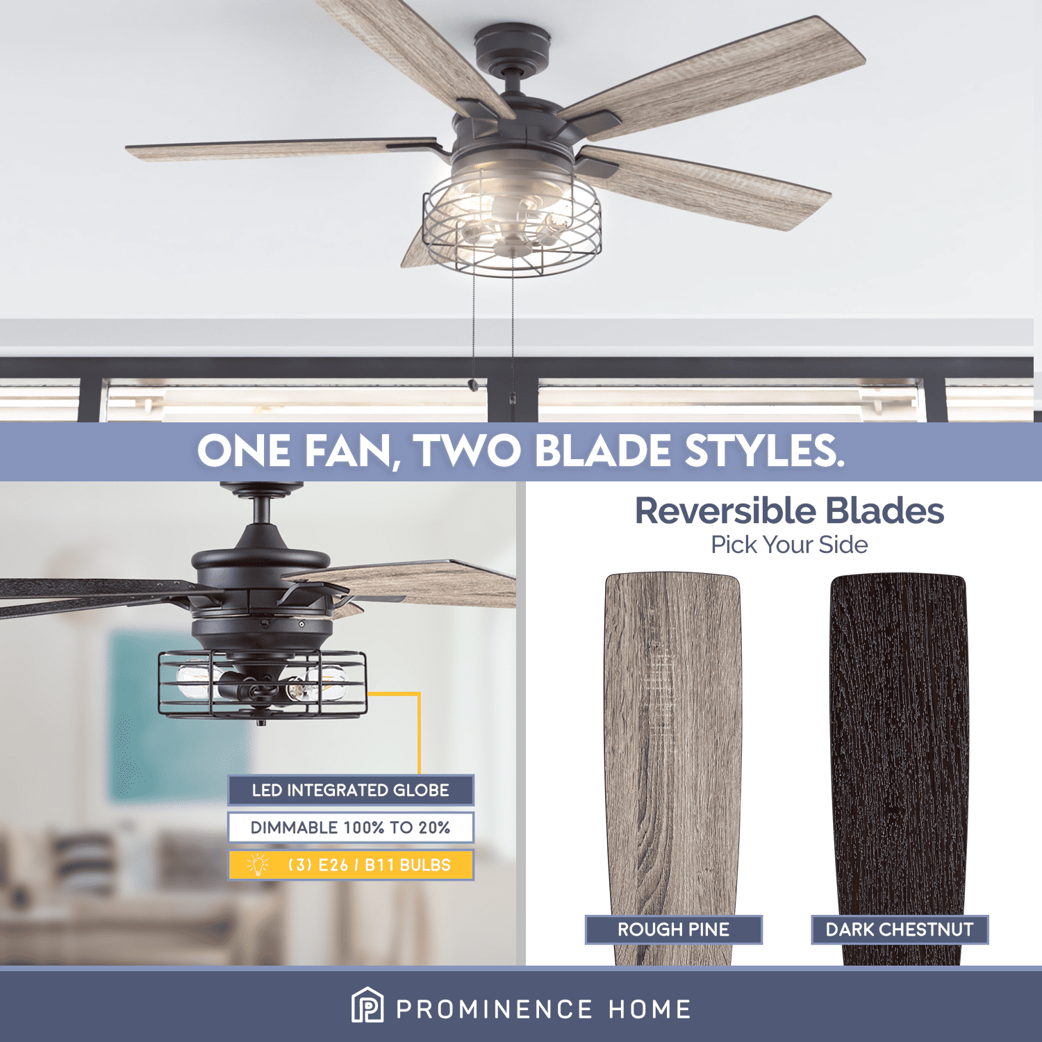 Prominence Home Cypher 52" Black Industrial Ceiling Fan with 5 Blades, Cage Light Kit, Pull Chains & Reverse Airflow