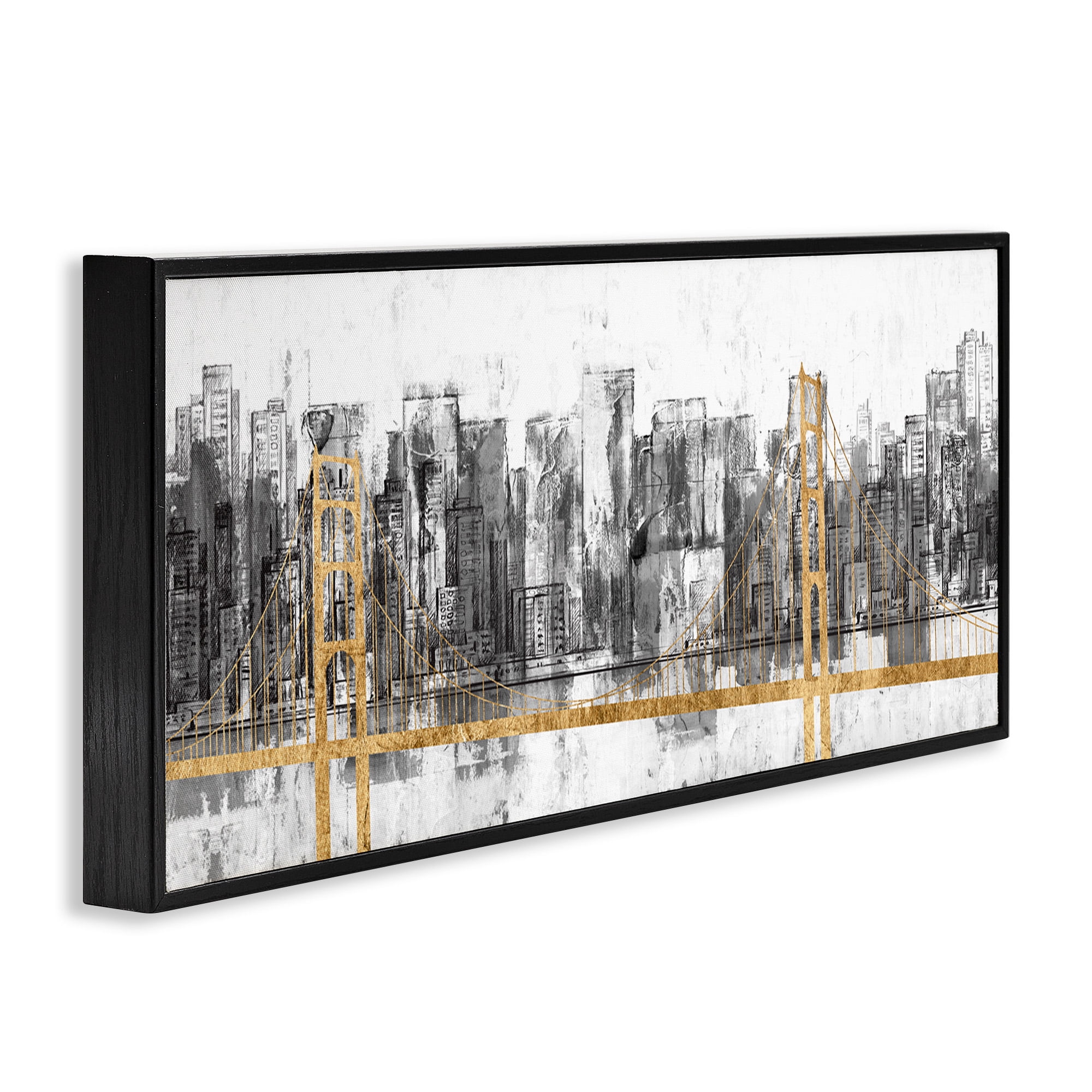 Stupell Industries Urban Golden Bridge Cityscape Abstract Painting Black Framed Art Print Wall Art, 30 x 13
