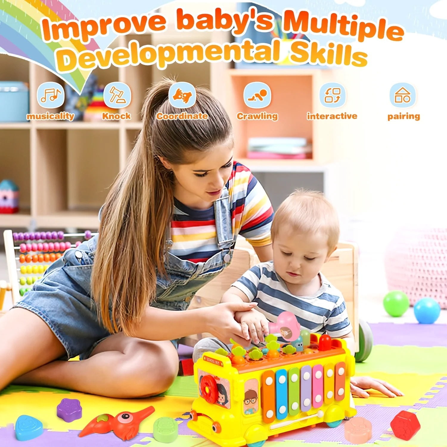 Freecat Baby Montessori Learning Toys for 2 to 4 Years Old, Music Activity Bus Baby Toys, Interactive Game Birthday Gift for Kids Boys Girls 2 3 4 Years.