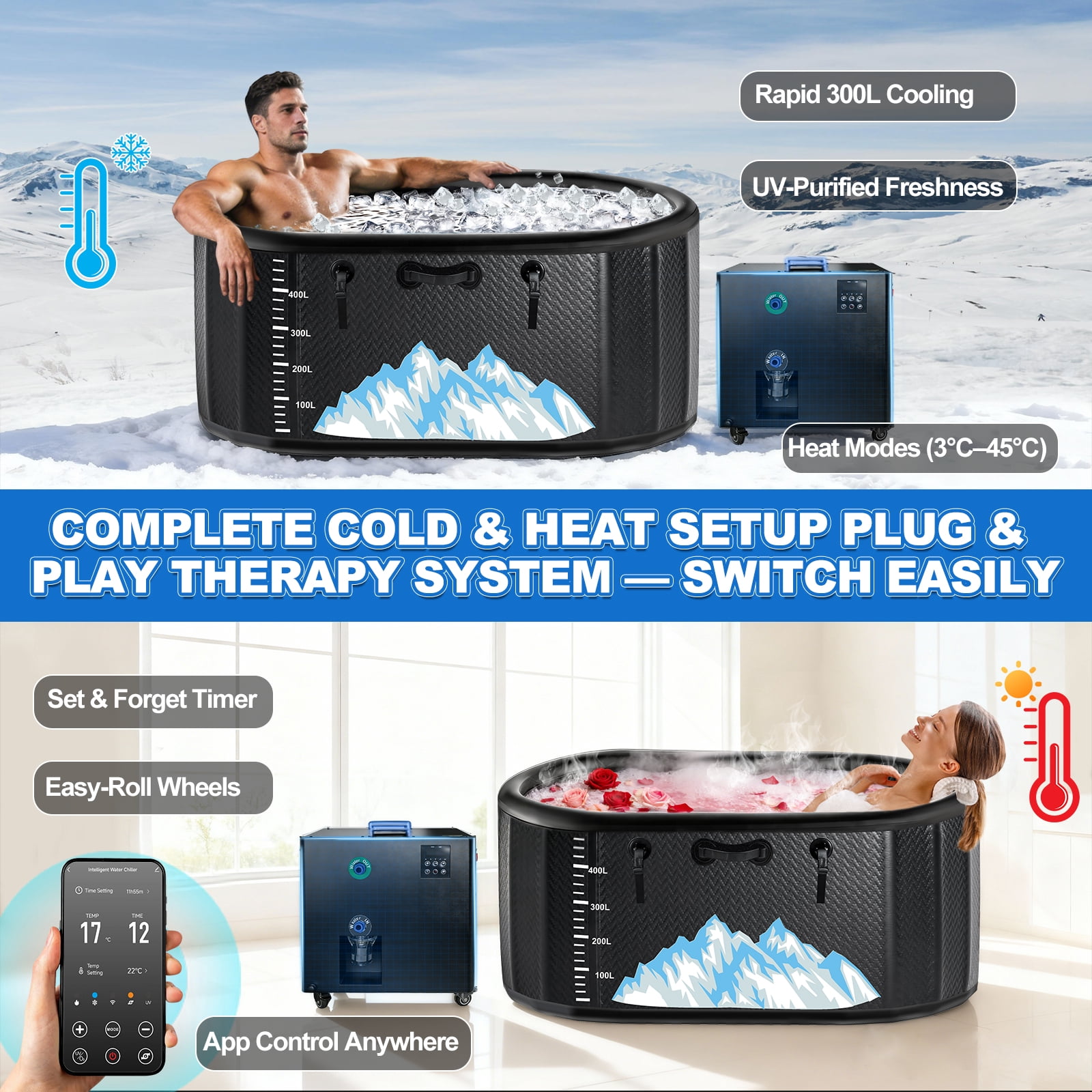 Esheno Large Ice Bath Tub 248 Gallon with 1HP Heating Cooling System UV Timer Wheels Cover Storage Bag for Athletes