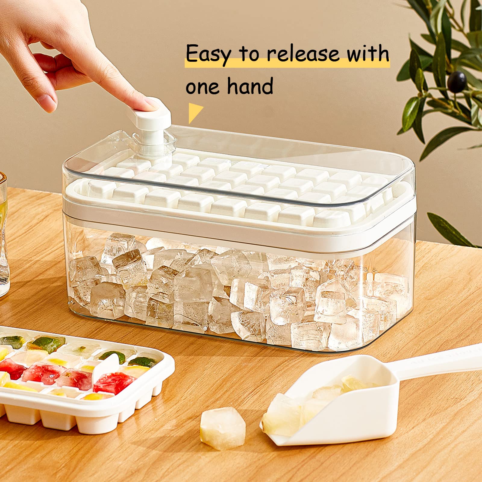 Ice Cube Tray With Lid And Bin  2 Pack For Freezer 64 Mold (white)