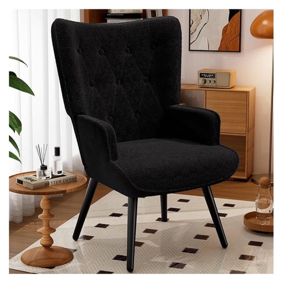 Teddy Fabric Black Accent Chair, Comfy Upholstered Armchair with Metal Legs, High Backrest Living Room Chair, Wingback Chair Century Modern for Living Room/Vanity/Bedroom (1 pc)