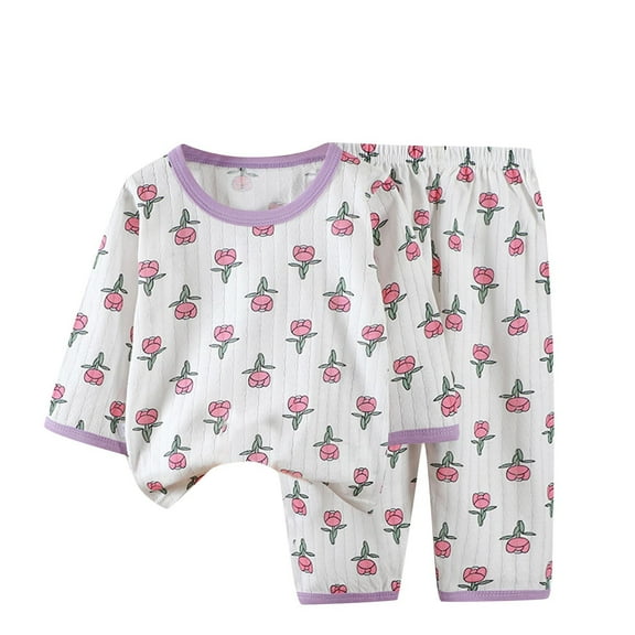 Cethrio Kids Girls Cotton Pajama Sets, Summer Casual Comfy 3/4 Sleeve Girls' Sleepwear Sets Purple Size 10-12