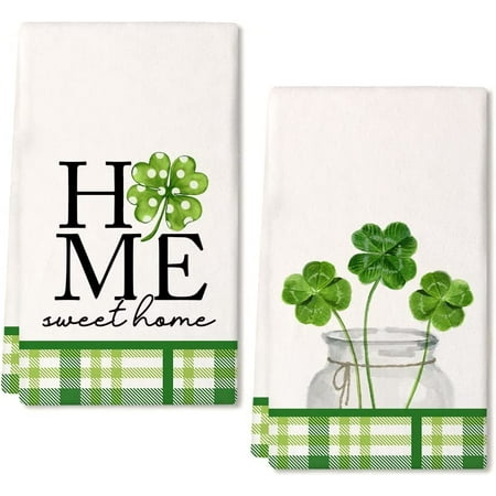 

SPXUBZ St. Patrick s Day Kitchen Towels Green Plaid Spotted Shamrock Vase Sweet Home For Home Kitchen Gift Decoration St. Patrick s Day Towel Set of 2