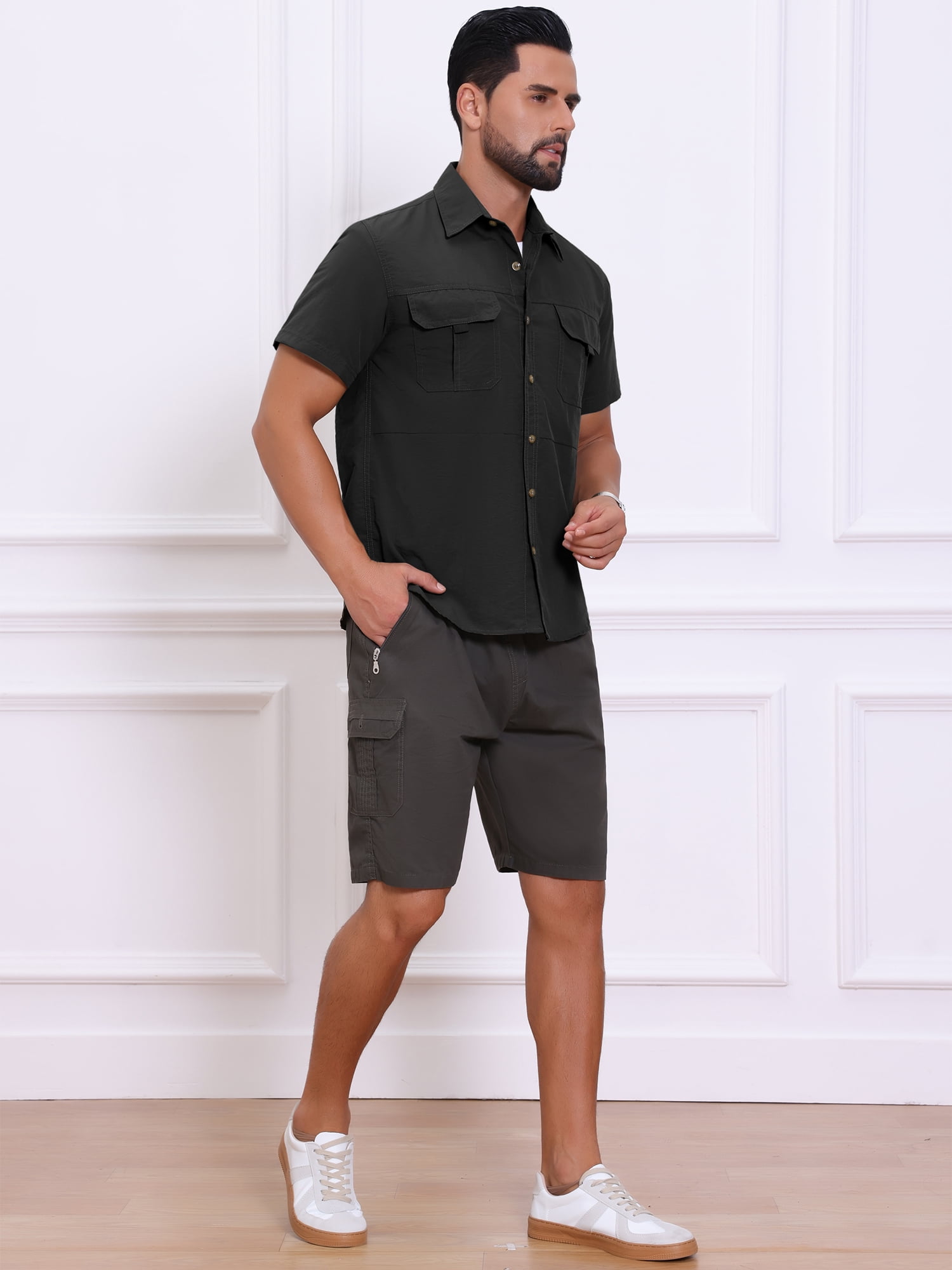 DARING DIVA Men's Solid Cargo Short Sleeve Button Down Utility Shirts XL Black
