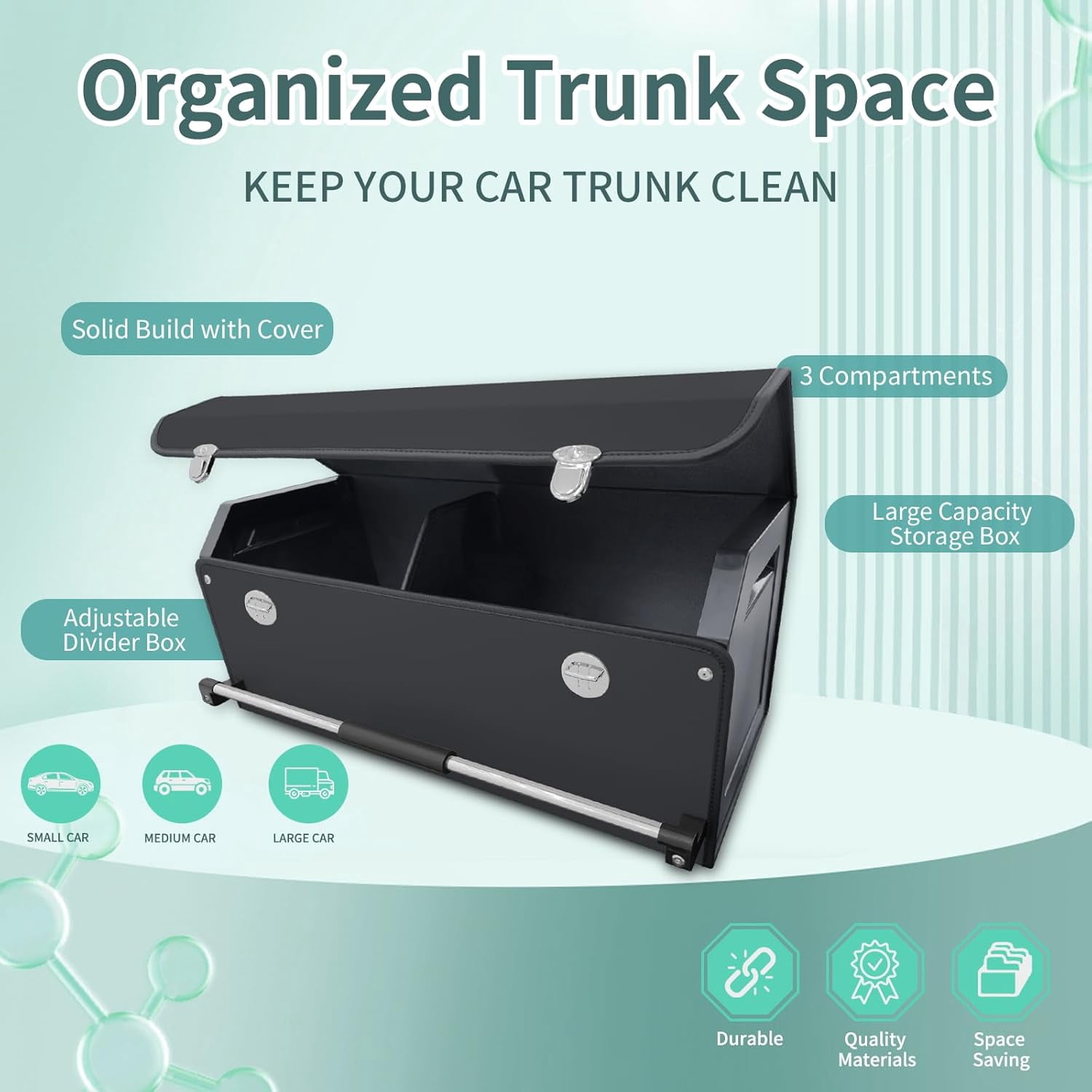 Car Organizer Trunk, Durable Collapsible Leather Trunk Organizer with Lid and Sturdy Handle, Auto Cargo Storage Compartments, SUV/Car Accessories for Men/Women (11.4 x 27 x 12.2, Black)