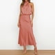 thumbnail image 2 of Vestido largo de satén para mujer con cuello alto, sin mangas y abertura lateral - Vestido formal/informal de noche para bodas/cócteles, 2 of 8