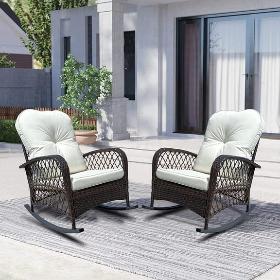Furniture One 2 Piece Outdoor Wicker Rocking Chair, Patio Rattan Rocker Chair with Cushions & Steel Frame, All-Weather Rocking Lawn Wicker Furniture for Garden Backyard Porch