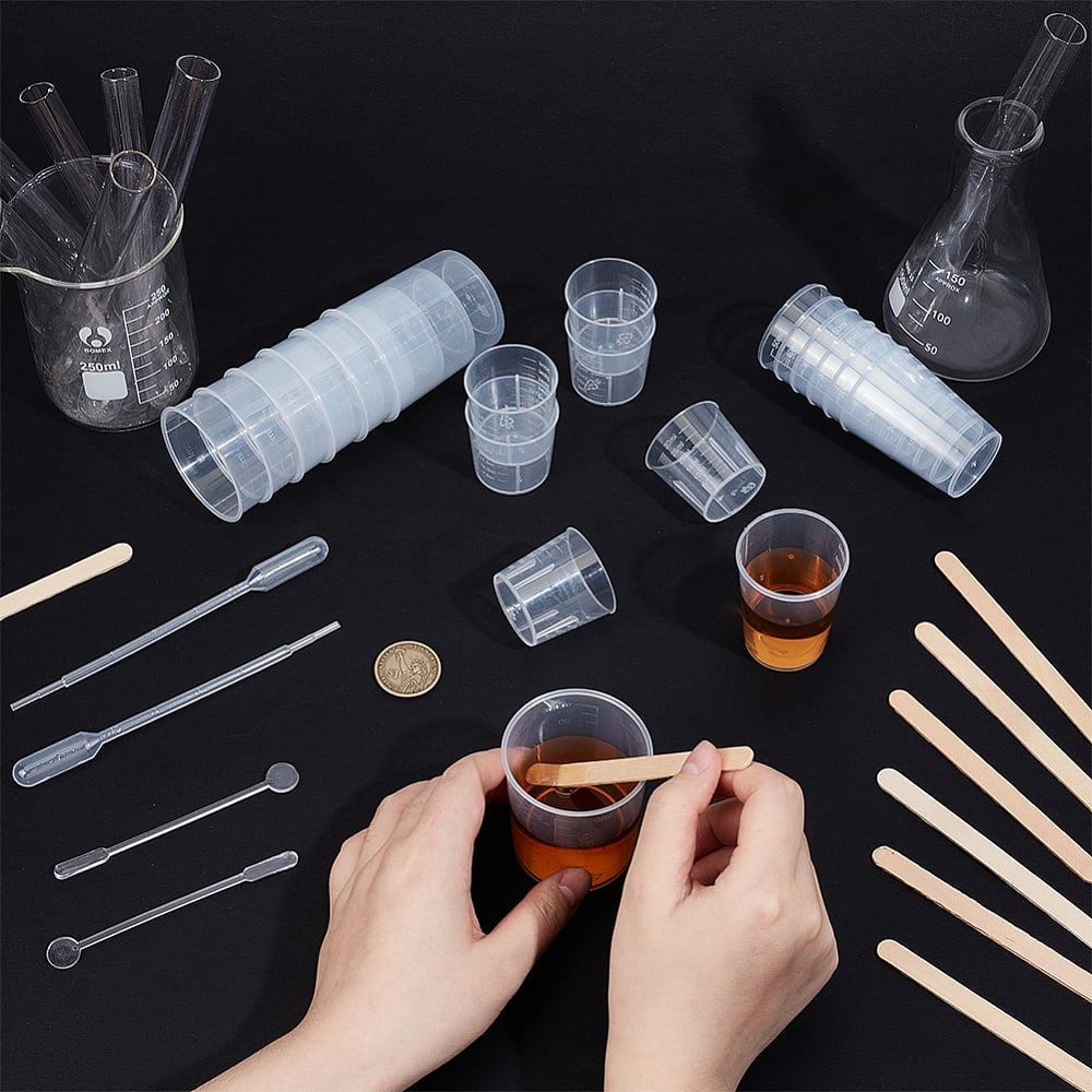 90Pcs 3 Styles Plastic Measuring Cup with 20Pcs Disposable Plastic Transfer Pipettes Clear