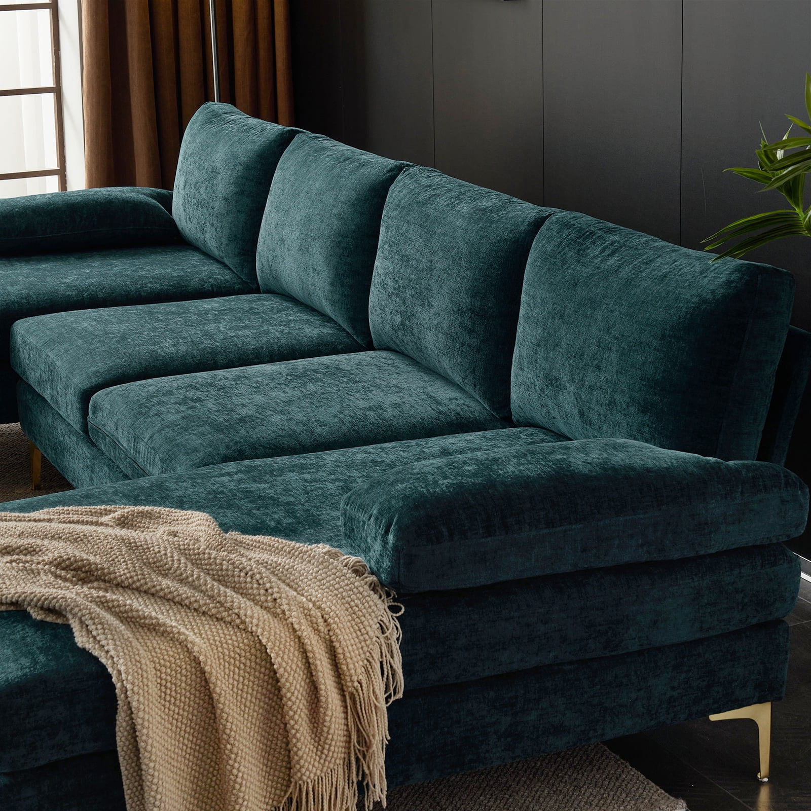 Ktaxon Sectional Sofa Set, 110" U-Shaped Chenille Couch, 4 Seat Lounge Sleeper with Double Chaise for Living Room Blue-Green