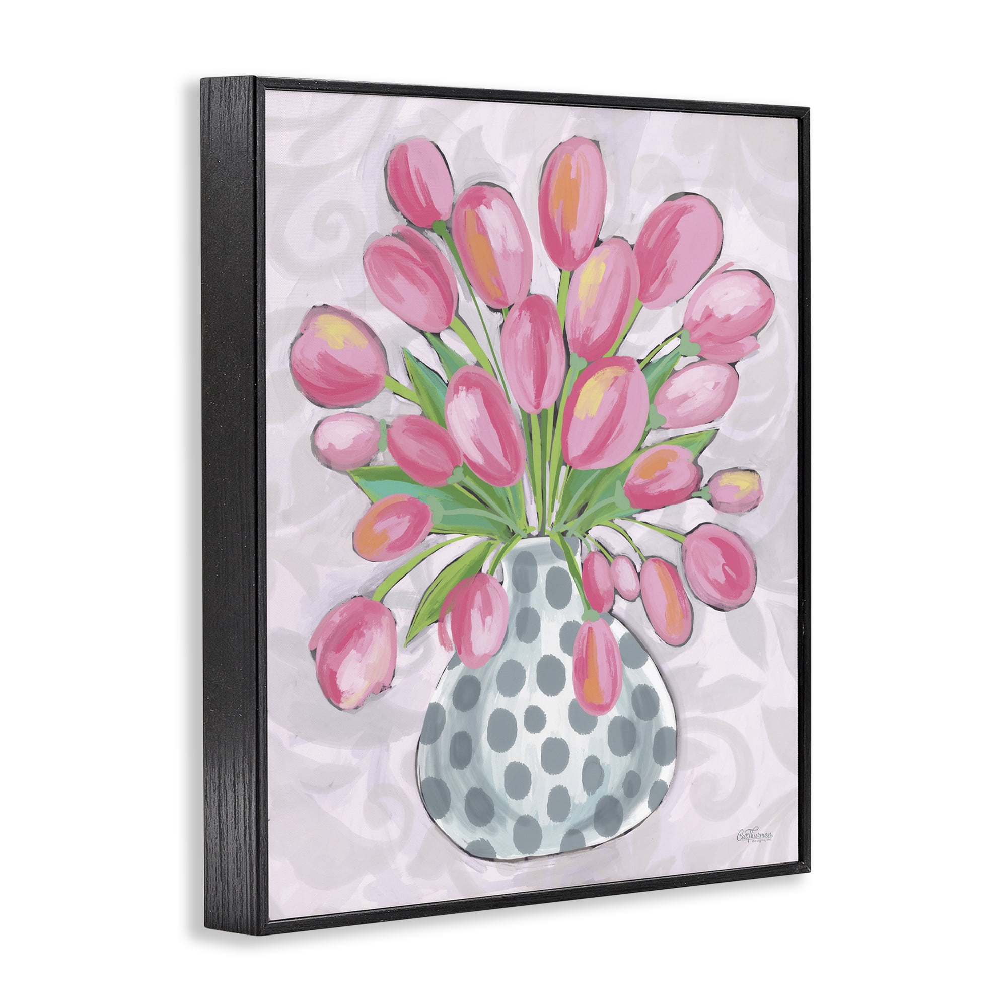 Stupell Industries Round Pink Tulips Botanical & Floral Painting Black Framed Art Print Wall Art, 24 x 30