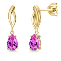Gem Stone King 10K Yellow Gold Pink Created Sapphire Stud Dangle Earrings for Women | 2.00 Cttw | Gemstone September Birthstone | Pear Shape 7X5MM