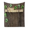 thumbnail image 1 of St. Patrick's Day Soft Flannel Fleece Blanket, Greetings with Wooden Blocks and Paper Shamrocks on Rustic Planks Image, Cozy Plush for Indoor and Outdoor Use, 70" x 90", Umber Beige, by Ambesonne, 1 of 6