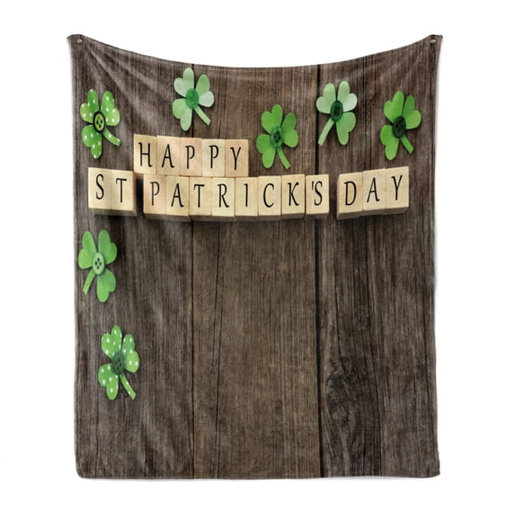St. Patrick's Day Soft Flannel Fleece Blanket, Greetings with Wooden Blocks and Paper Shamrocks on Rustic Planks Image, Cozy Plush for Indoor and Outdoor Use, 70" x 90", Umber Beige, by Ambesonne